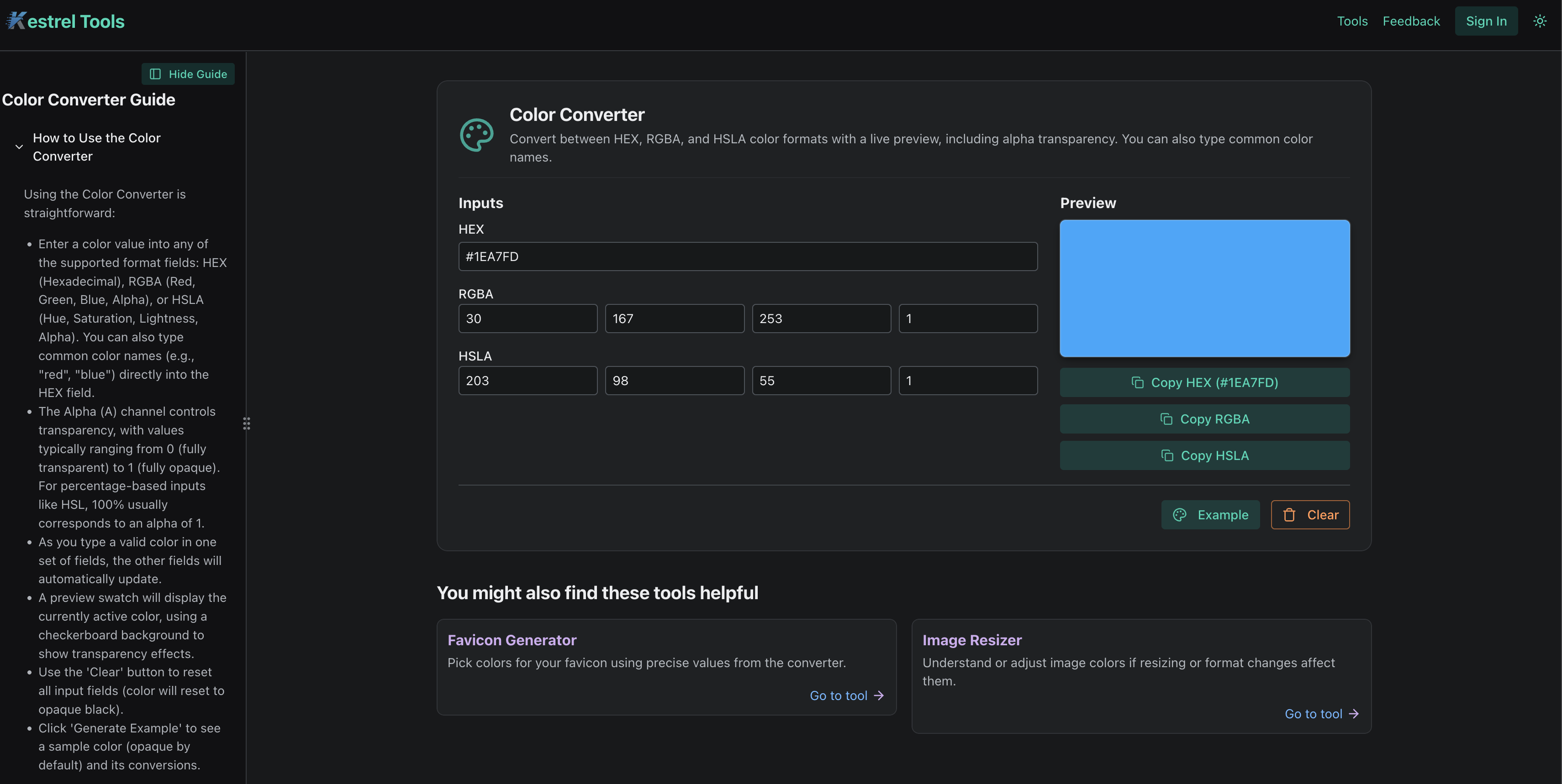 Kestrel Tools Color Converter interface showing conversion between HEX, RGB, HSL, and other color formats