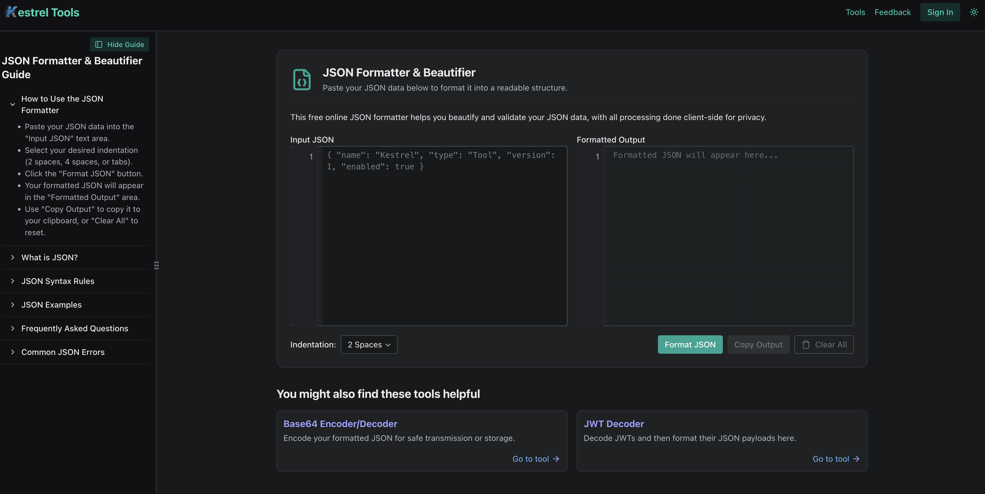 Kestrel Tools JSON Formatter interface showing clean, formatted JSON data with syntax highlighting