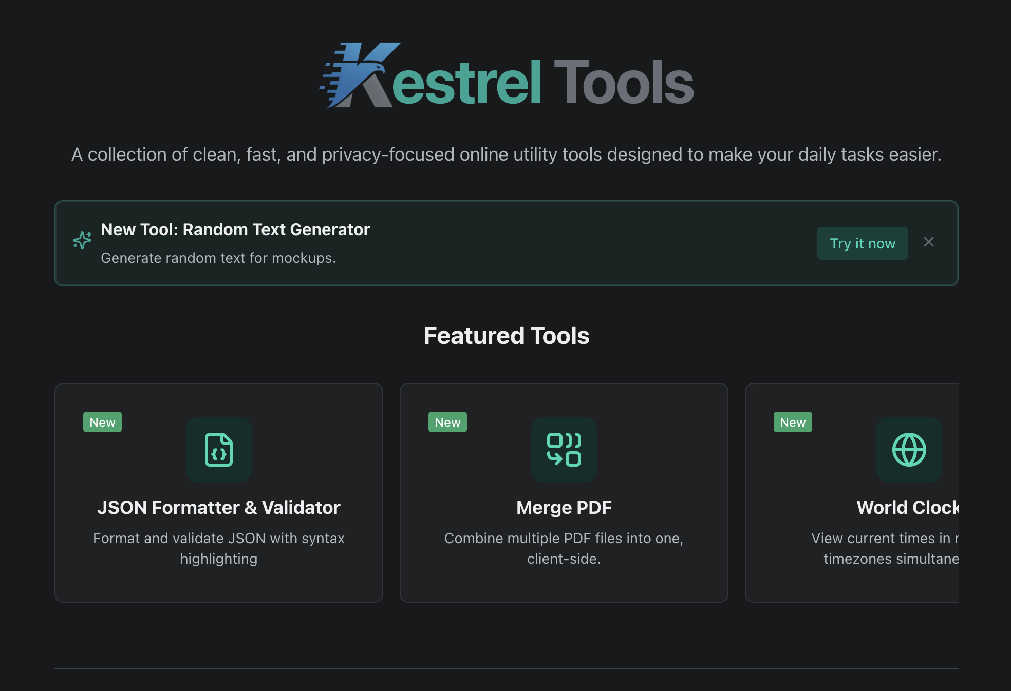 Kestrel Tools clean dashboard interface showing multiple utilities in an organized, ad-free layout